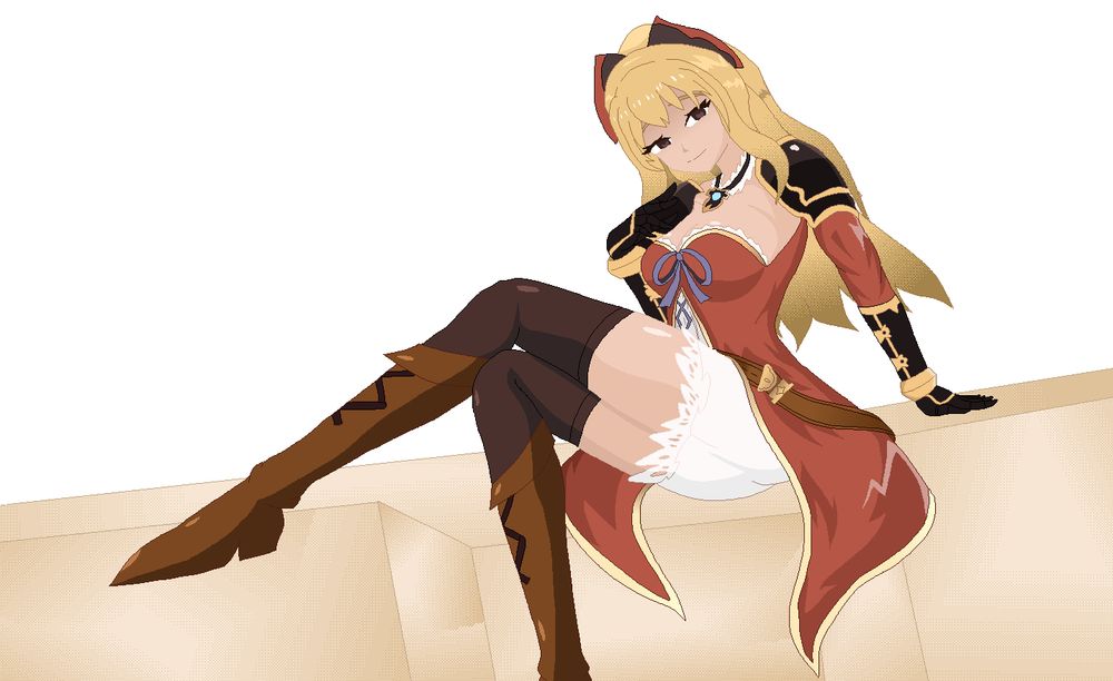 Vira sitting on a vaguely limestone structure, looking at you lovingly (no background)