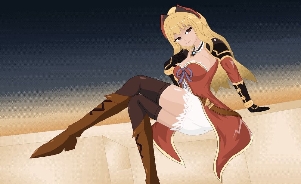 Vira sitting on a vaguely limestone structure, looking at you lovingly (with lazy dusk background)
