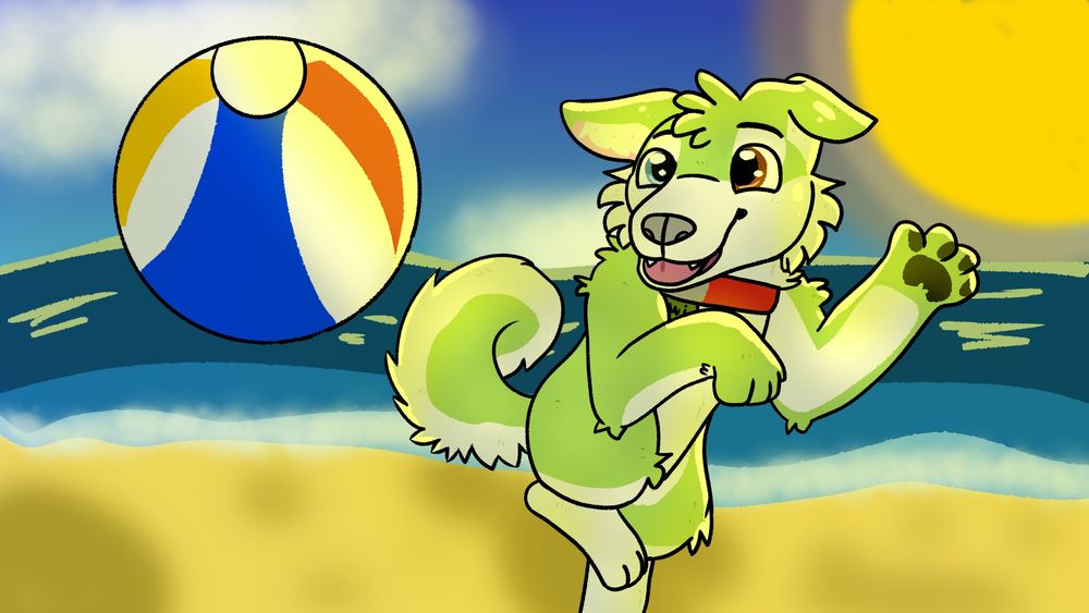 Digital artwork of Kiwano Maxwell as a feral puppy jumping in the air, about to hit a beach ball with his paw. In the background is a beach scene with the ocean and the sun.