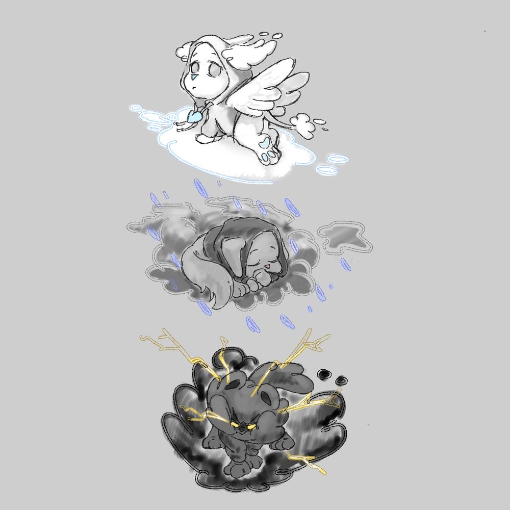 Benny's different weather-based forms: White clouds with wings. A sleeping Benny on top of gray rain clouds. A ferocious Benny on top of a black cloud with lighting shooting from her body.