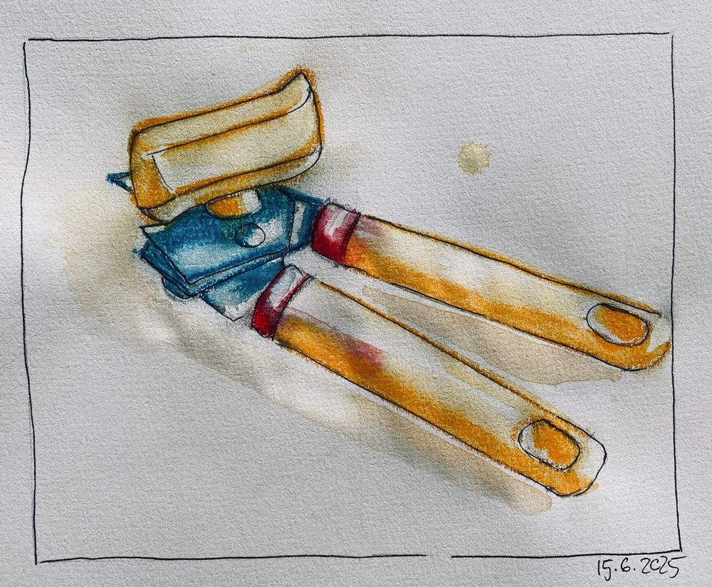 Seite aus einem Skizzenbuch. Mit Bleistift und Fineliner einen Dosenöffner skizziert und anschliessend koloriert. 
