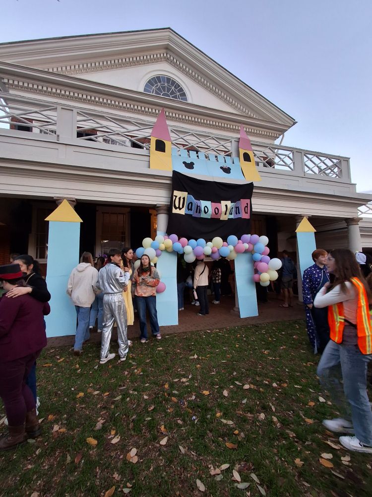 Halloween trick-or-tresting on the UVA Lawn. This view is of the East Range and one of the rooms under a collonade is decorated in pastels as Wahooland. 