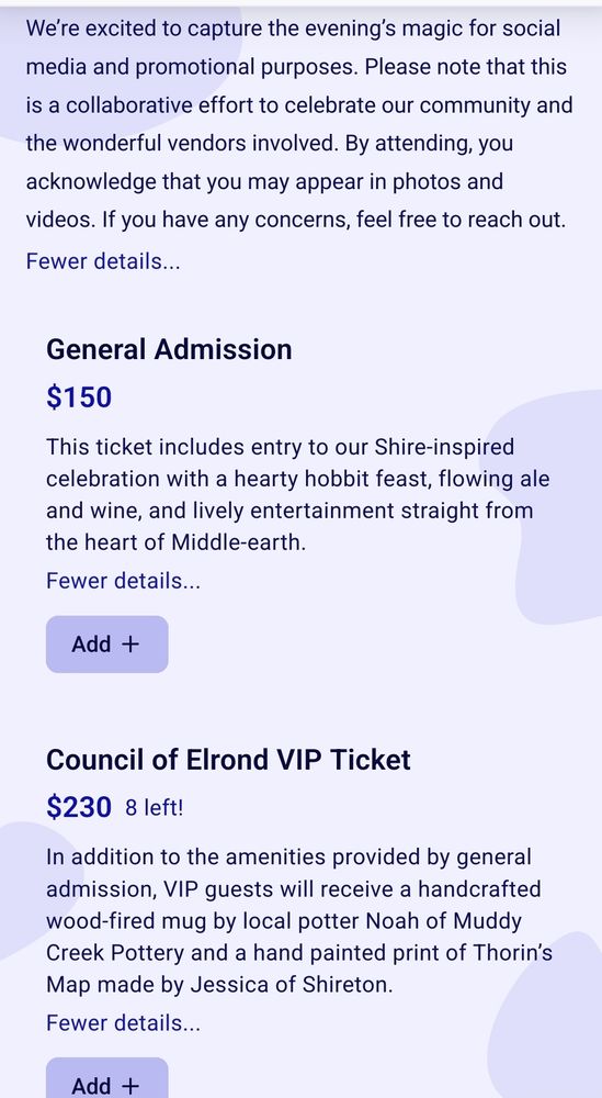 The Council of Elrond VIP Ticket costs $230, includes a clay tankard and a map, but ut is not clear what percentage benefits the farm charity.