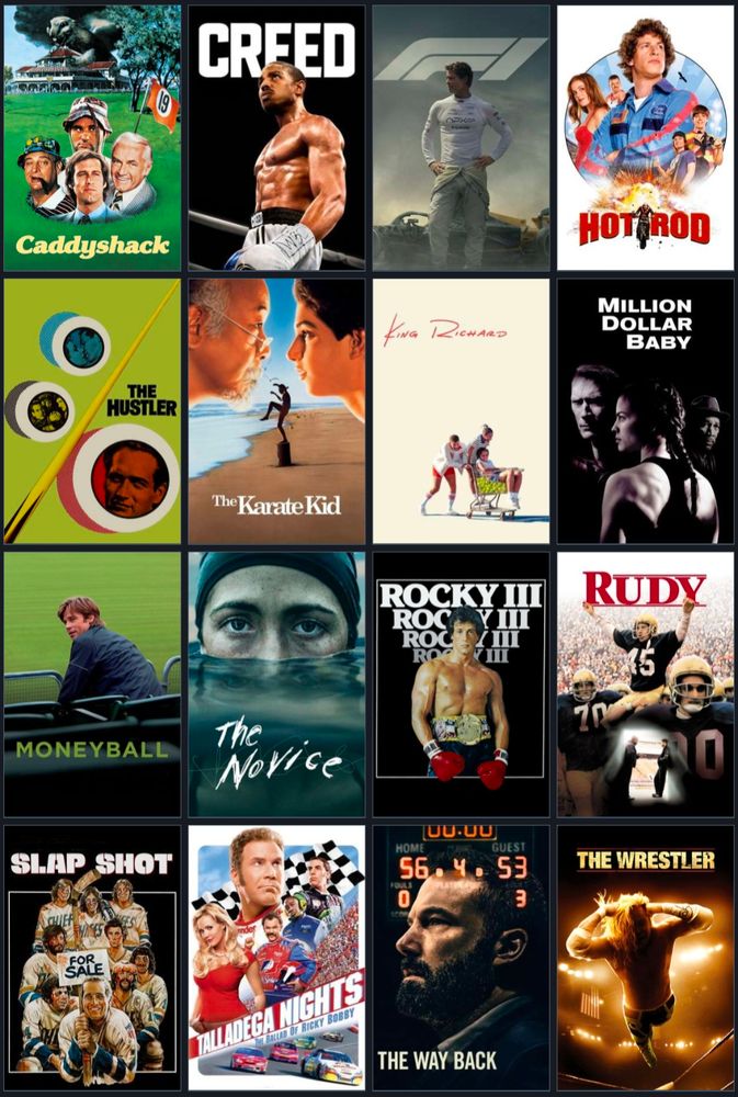Caddyshack
Creed
F1
Hot Rod
The Hustler
The Karate Kid 1984
King Richard
Million Dollar Baby
Moneyball
The Novice
Rocky III
Rudy
Slap Shot
Talladega Nights
The Way Back
The Wrestler