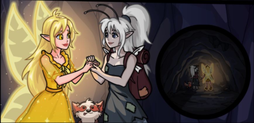 panel from a neopets the void within plot comic showing baelia the grey faerie holding luxinia the light faerie's hands. they're in love here