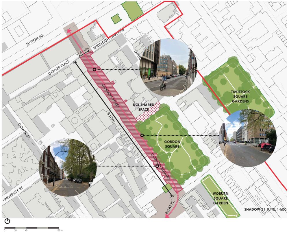 Map showing the location of Gordon Street and Gordon Square and some images of the streets displayed on the map