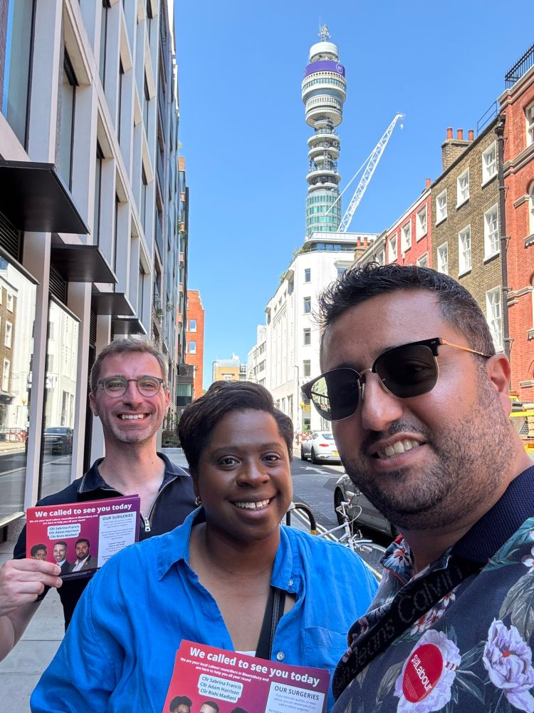 Selfie photo of the three Bloomsbury ward councillors taken on the street with the B.T. Tower visible behind