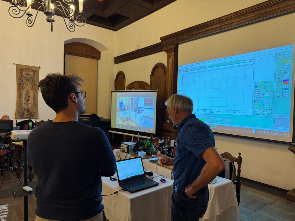 People look at a plant measuring software showing data from a potted plant.
