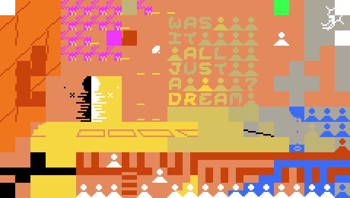pixel art. small pawn-shaped person tiles. "was it  all just a dream?". the remainder is indescribable, i guess.