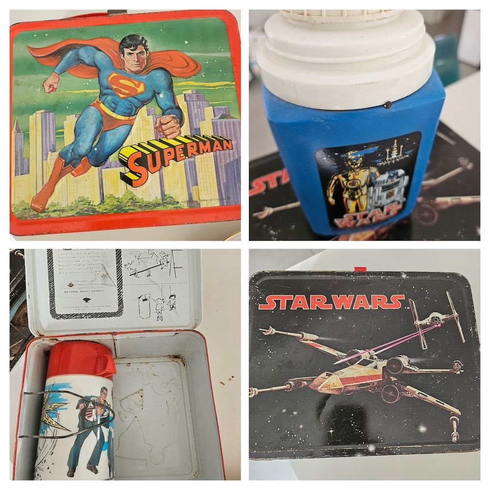 Superman and Star Wars metal lunch boxes with their original thermoses.  The Star Wars thermos is missing the mug but it's intact on the Superman box.  The Superman box also contains advice from the National Safety Council