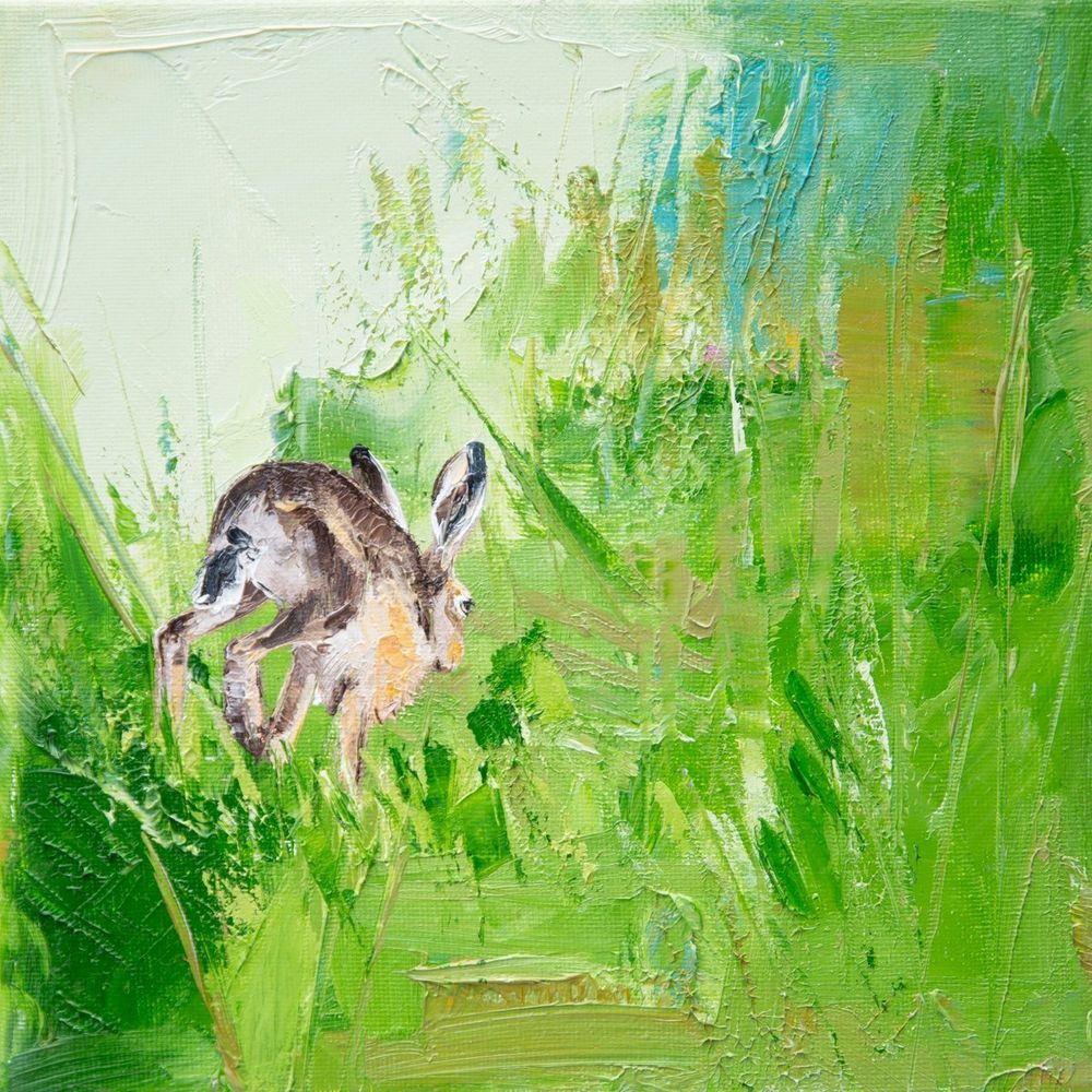 Hare running to the hedgerow. Oil on canvas
