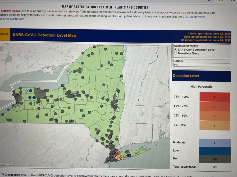 NY Covid wastewater surveillance map - 156/173 not currently reporting data. This is up from 141/173 not reporting last week. 