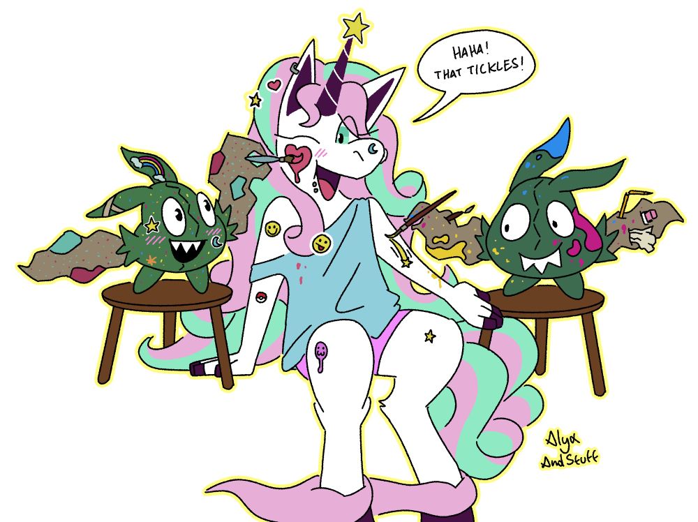 Digital artwork of my OC Arty the trubbish and garlicman’s Trubby painting on my galarian rapidash, who says “Ha ha! That tickles!”