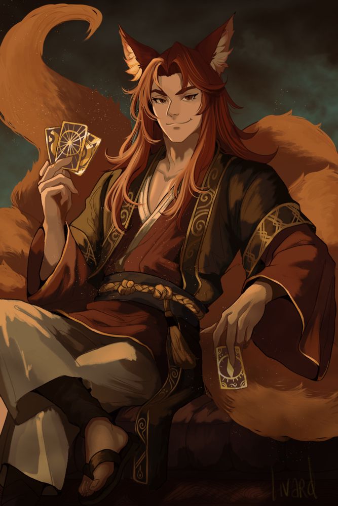 A male miqote from the game ffxiv is sitting on a plush leather sofa holding foil tarot cards in both hands as he relaxes back against the seat. 