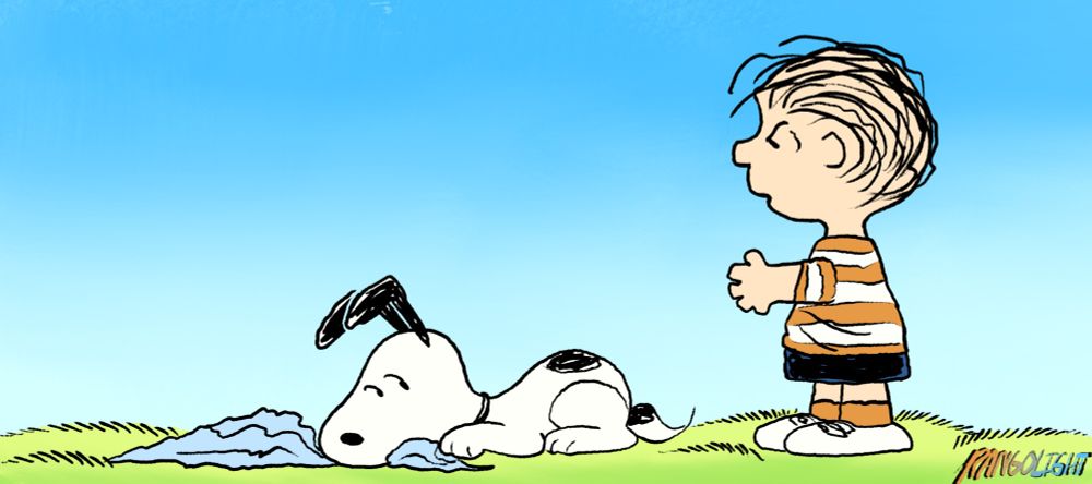 Illustration of Snoopy and Linus from the comic strip Peanuts. Snoopy has a blanket in his grasp, while Linus stands with his hand out, demanding Snoopy return the blanket.