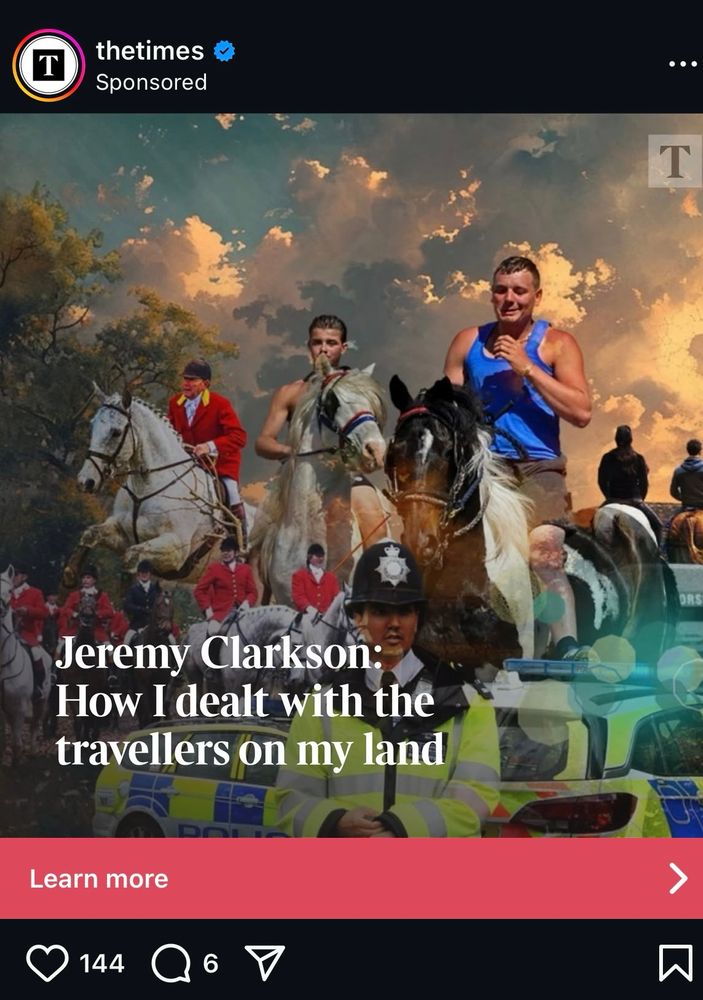 An AI composite image of red coated horse riding fox hunters. Police and vehicles. Also some men riding horses wearing vests who may or may not be from the traveller community. 