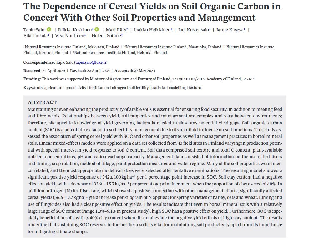 Screenshot of the article titled "The Dependence of Cereal Yields on Soil Organic Carbon in Concert With Other Soil Properties and Management."