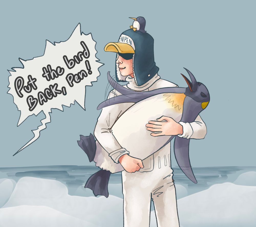 Digital art of Penguin from one piece. He’s smiling and holding a large Penguin who is disagreeing with this action, flapping its wings and kicking its feet and wearing an angry expression. A speech bubble from offscreen reads “Put the bird BACK, Pen!”. They’re standing on what looks like an icy frozen land.