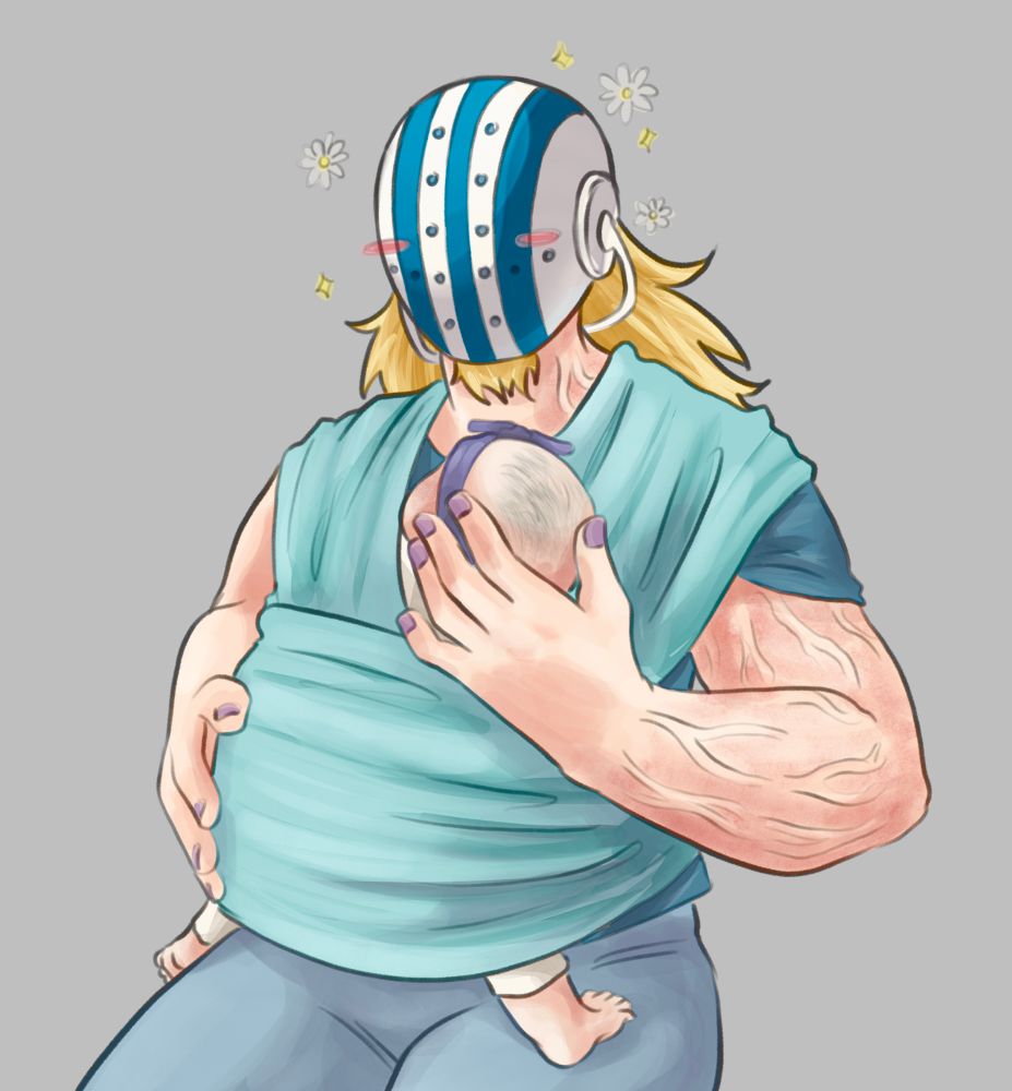 Digital art of killer from one piece, sitting down and with a blue baby wearing sling across his stomach and a large baby with a purple headband asleep in the sling. One of his hands is supporting the baby’s head and the other is holding the baby’s back. Even with his mask on, looks very pleased.