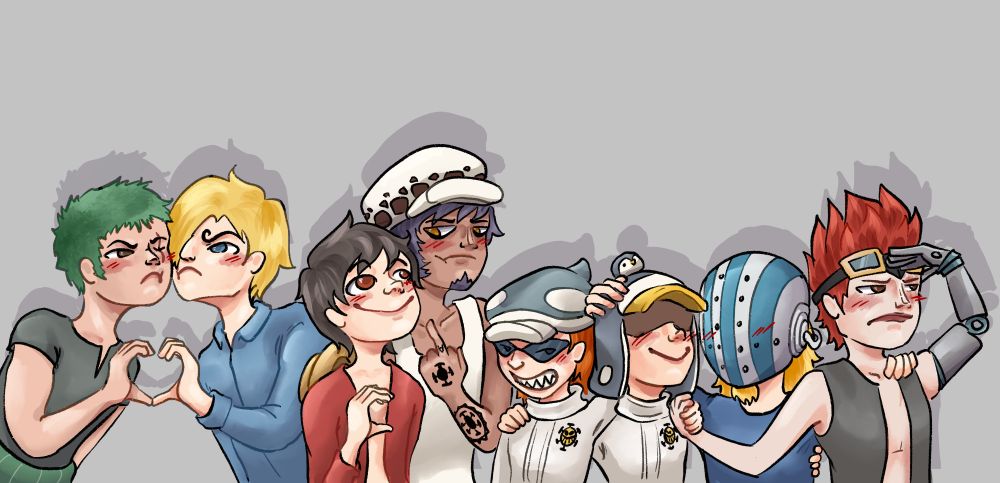 Banner depicting Zoro and Sanji angrily making a heart with their hands, Luffy attempting to form heart hands with Law who is flipping him off, Shachi and Penguin who have their arms around each other, and Kid and Killer who have their arms around each other. Killer and Penguin are also subtly embracing, as are Shachi and Kid although Kid is pretending not to notice.