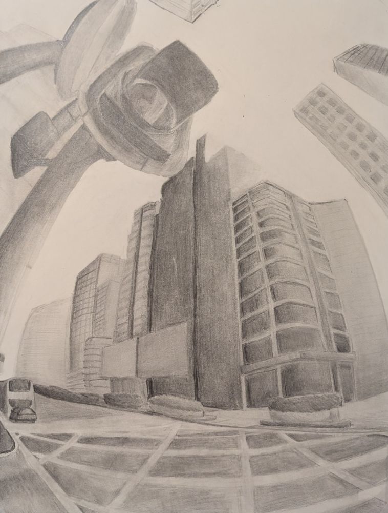 A five point perspective project based on an image of an intersection in the middle of the day