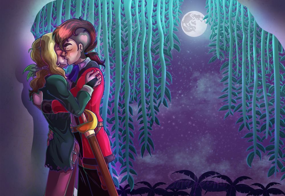 An illustration of two of my OCs (Cal on the left and Jules on the right) kissing from my Pirate AU. They are gently holding each other as they initiate their kiss with the night sky behind them against the wall of a cave. The cave entrance has some hanging vines with the full moon shining between them and palm trees on the bottom rightmost side of the canvas.