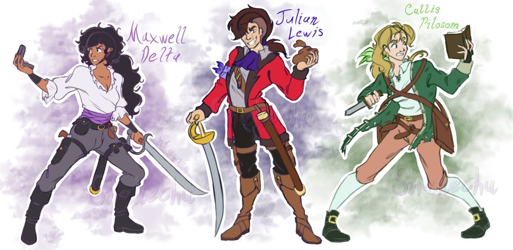 Three sketch and flat color character illustrations of three of my Splatoon OCs turned into human pirates. From left to right, Maxwell Delta is depicted with thick, black hair tied up in a low ponytail wearing a simple, white shirt with purple cloth wrapped around his waist, a black leather belt and flintlock pistol holster with black boots and gray trousers. He is holding a silver cutlass in his left hand while holding a compass in his right, looking in the direction the compass is pointing with a determined look and his face.
Julian Lewis is in the middle, and he is holding a cocky pose showing off a small pouch of loot in his left hand while planting his gold hilt cutlass on the ground with his right. He is wearing a pale gray undershirt with a blue cravat and crimson red coat over black trousers. He is also wearing to flintlock pistol holsters on his thighs and brown leather boots. The side of his head is shaven with some of his brown hair covering part of his scarred face and some tied in a short ponytail.
Callis Pilosom is on the far right, holding a mildly panicked pose looking at a book in his left hand while defensibly holding a dagger in his right. His blonde hair is tied up with a pale green cloth. He is wearing a weathered, dark green coat with a simple white undershirt, a brown belt, and tan trousers down to his knees and wearing white stockings and buckled shoes similar to what you would see in the late 1600s/early 1700s.