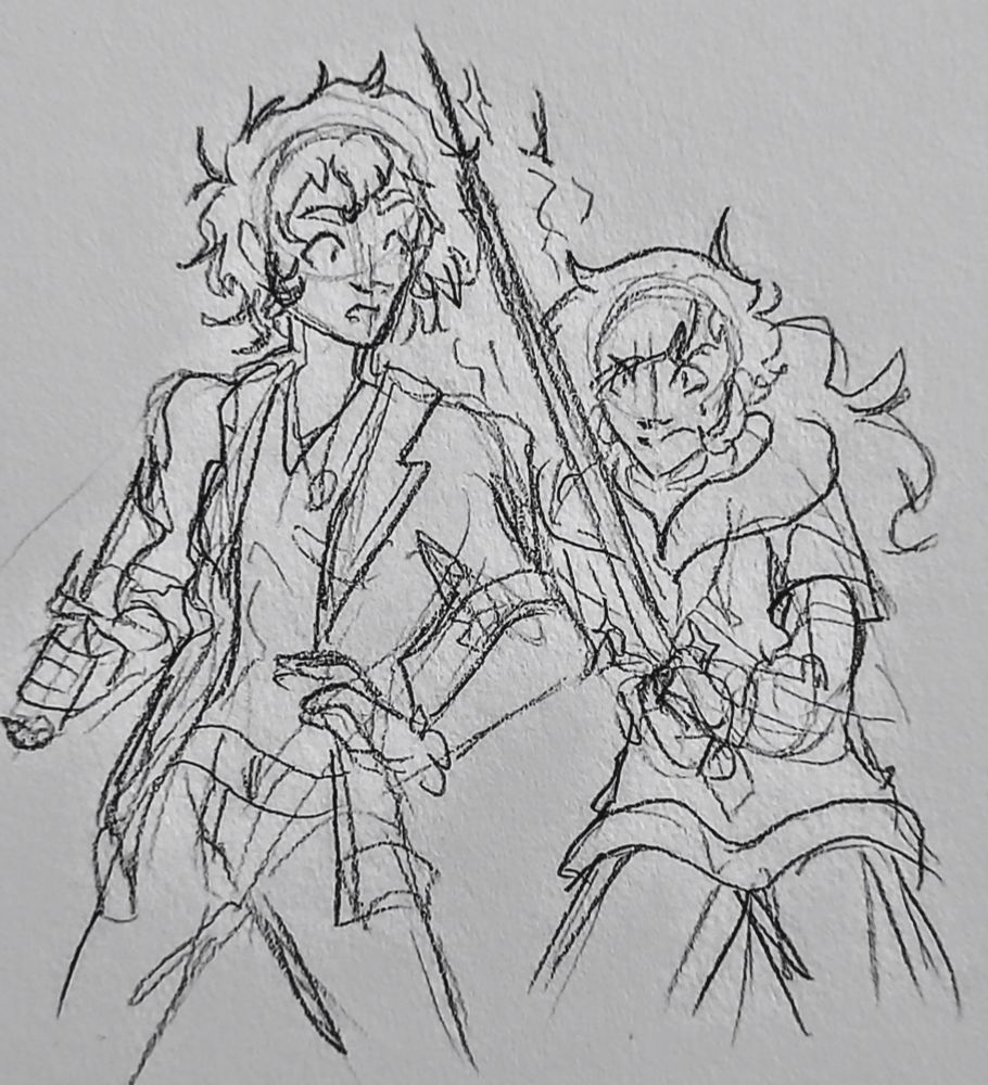 A traditional sketch of two of my OCs, (left Malaki, right Wren) with Wren pushing Malaki's arm out of the way as they summon a sword in their hands, their expression nervous but determined. Malaki, who was shielding them, look at them with surprise, his dagger slightly lowered.