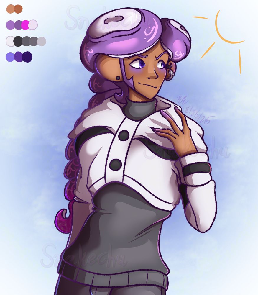 A half body portrait of my Splatoon OC, Max. Max is looking over to his left, smirking at something off screen. His left hand is up near his shoulder mid motion, he could either be bringing it up or down.
Max has two piercings on his ears, a single black stud on his right ear and the tentaclinger earring on his left. He is also wearing the penguin bolero.
In the top right corner are his flat colors for reference and on the top left is a very simplified sun to indicate the light source.