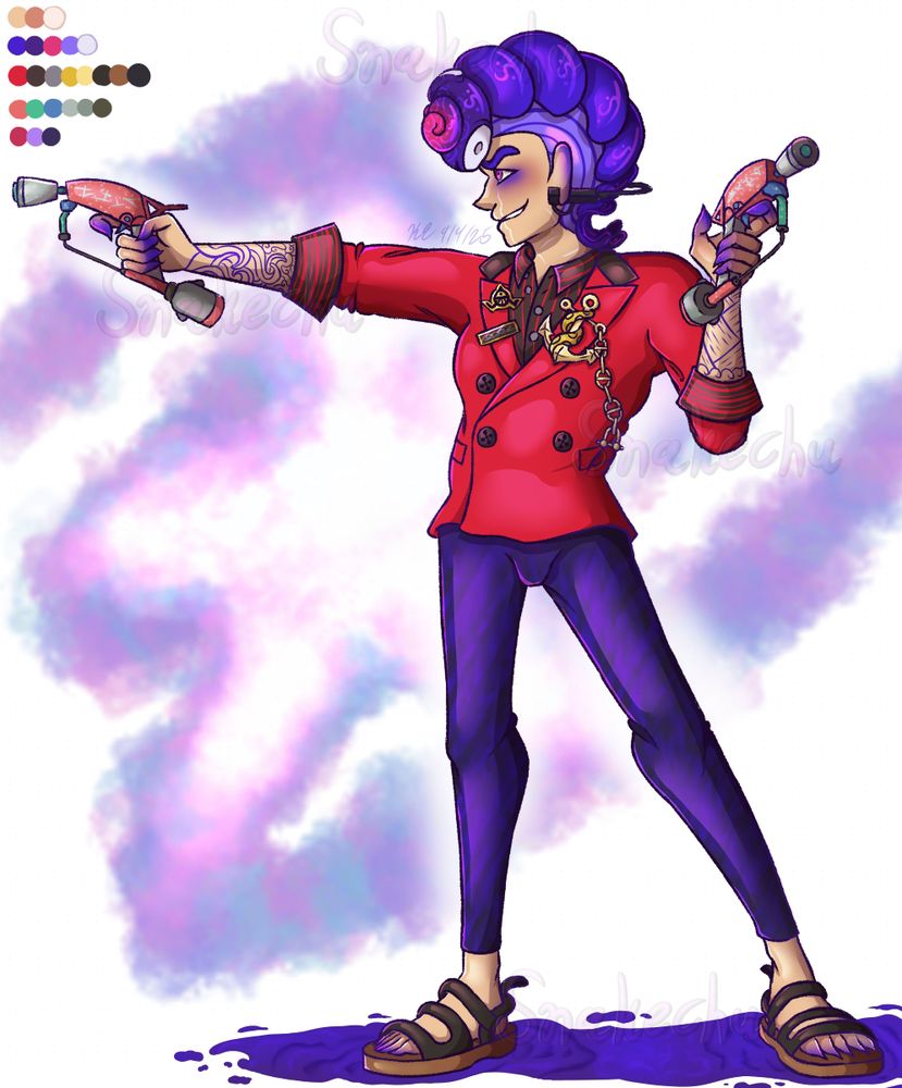 A full body portrait of my Splatoon OC, Jules. Jules is facing to his right with a confident smirk, holding out one of his Twinklez Splat Dualies ready to fire. He is wearing the Cephalo Pods, Annaki Anchored Coat, and Annaki Strappy Sandals with a puddle of blue ink beneath his feet. Visible on his forearms are mono colored tattoos the same as his blue ink color and his face and neck show visible scars.
