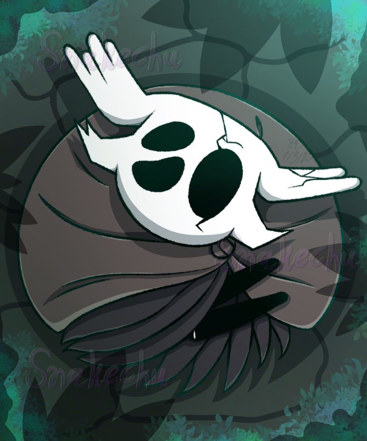 An illustration of a Hollow Knight OC looking up while in a Greenpath like location; a roughly paved path and foliage under their feet and shadows of larger plants hover over them. The OC is a Vessel from the game, their head having asymmetrical horns, three eye holes and cracks on their left side. They are wearing two layers, a brown cloak with two right arms holding it as it twirls and a darker brown layered cloak their arms pass through.