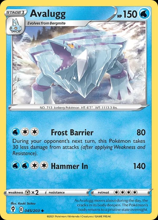 A pokémon card of Avalugg, a quadrapedal iceberg-like pokémon. The card depicts Avalugg as  a water-type with 150 HP.