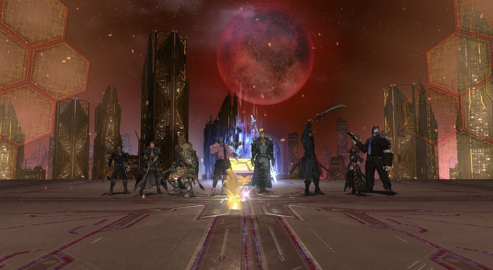 xiv static's party, standing in the arena post-victory, with a red moon directly in the background