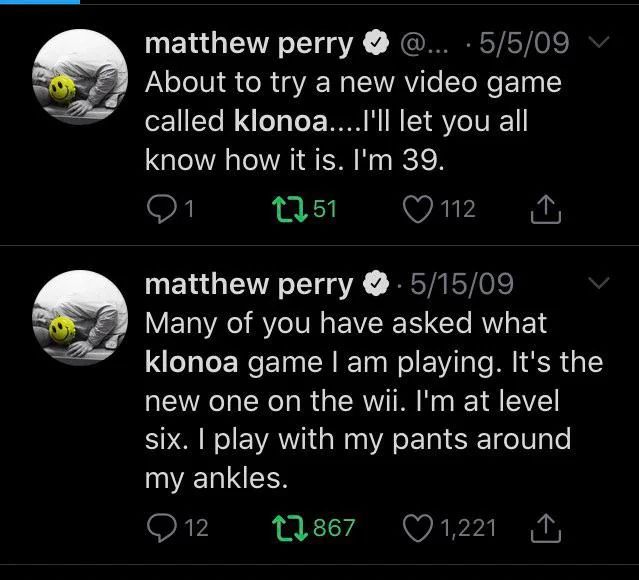 A screenshotted tweet from Matthew Perry describing his preferred way of playing the video game, Klonoa. 