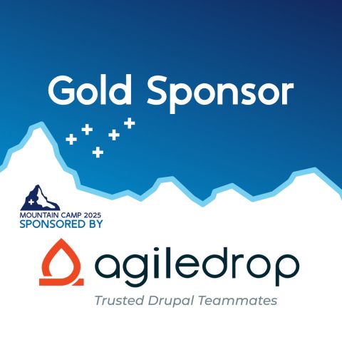 Blue gradient promotional graphic for Mountain Camp 2025 with the text ‘Gold Sponsor’ above a stylized mountain outline, the words ‘Sponsored by’ near a small Swiss mountain icon, and the Agile Drop logo at the bottom.