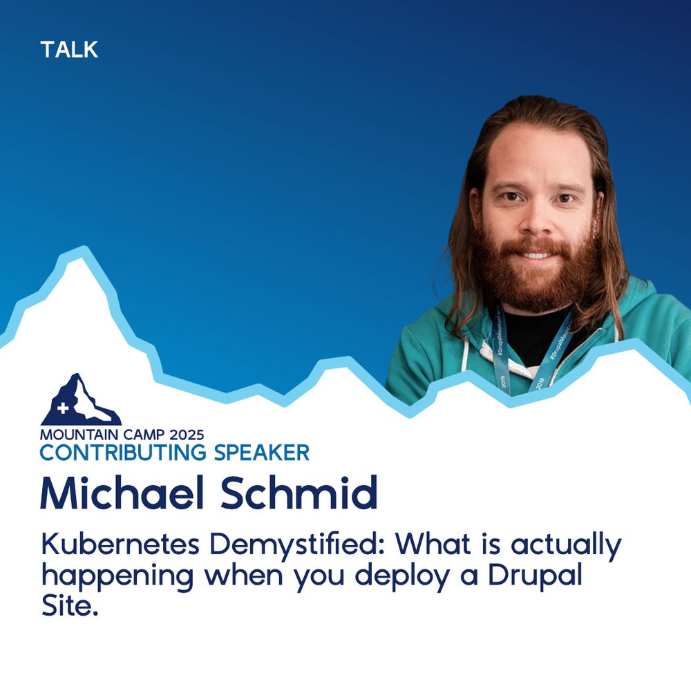 Promotional graphic for MountainCamp 2025 | Speaker - Michael Schmid | Session: Kubernetes Demystified: What is actually happening when you deploy a Drupal Site.