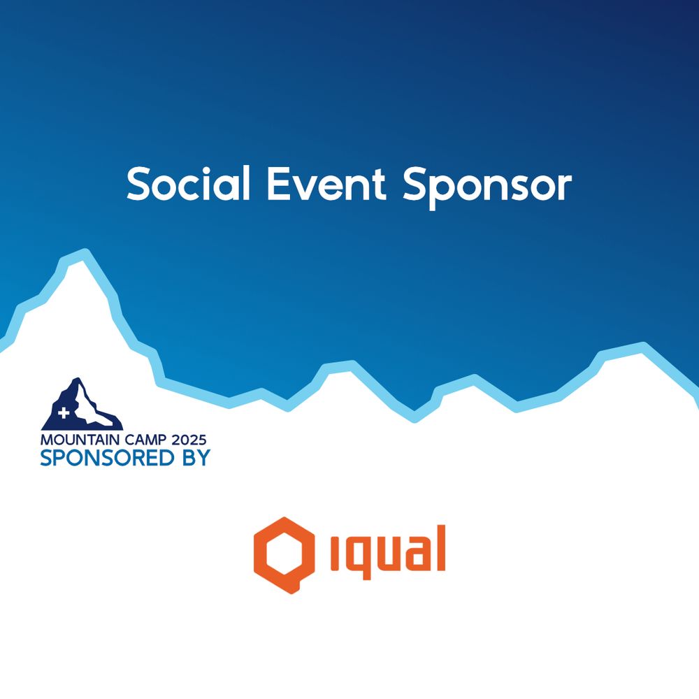 Blue gradient promotional graphic for Mountain Camp 2025 with the text ‘Social Event Sponsor’ above a stylized mountain outline, the words ‘Sponsored by’ near a small Swiss mountain icon, and the Iqual logo at the bottom.