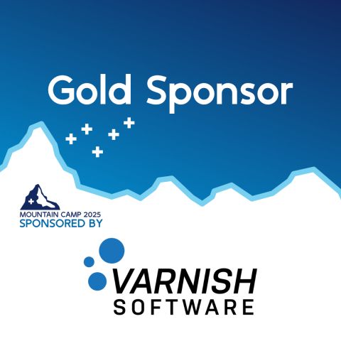 Blue gradient promotional graphic for Mountain Camp 2025 with the text ‘Gold Sponsor’ above a stylized mountain outline, the words ‘Sponsored by’ near a small Swiss mountain icon, and the Varnish Software logo at the bottom.