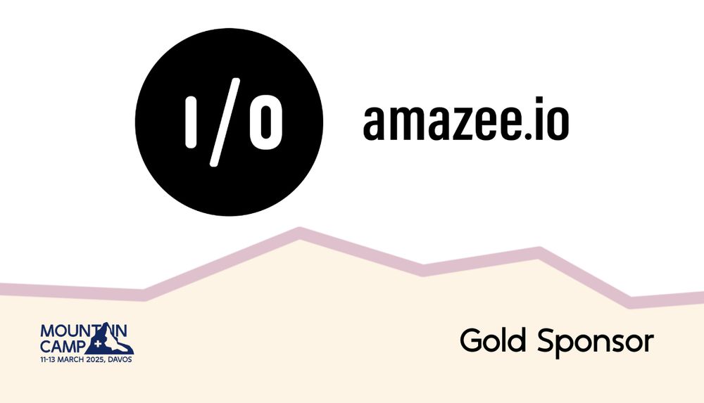Promotional graphic for the Mountain Camp 2025 sponsor,  with Logo of amazee.io and Text on the bottom-left reads 'Mountain Camp, 11-13 March 2025, Davos,' and 'Gold Sponsor' is written in the bottom-right corner."