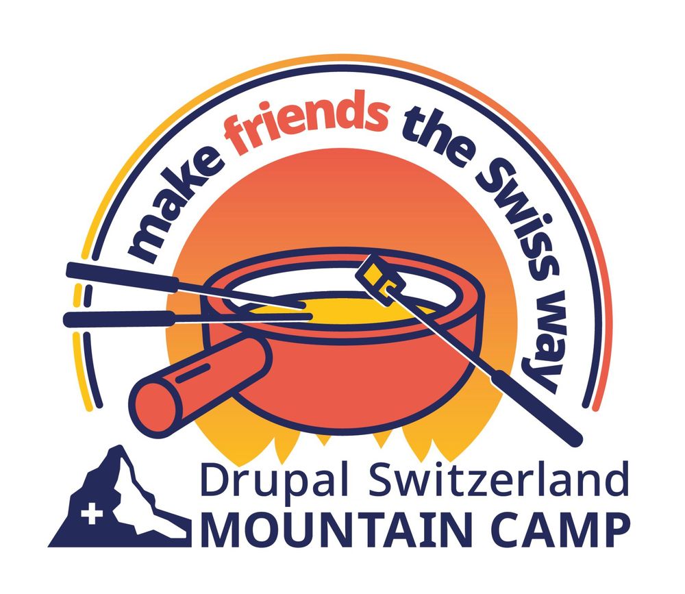 Logo for the Drupal Switzerland Mountain Camp featuring a stylized orange fondue pot with cheese and fondue forks, the slogan 'make friends the Swiss way' curving above, and a silhouette of a mountain with a Swiss cross next to the words 'Drupal Switzerland Mountain Camp.'