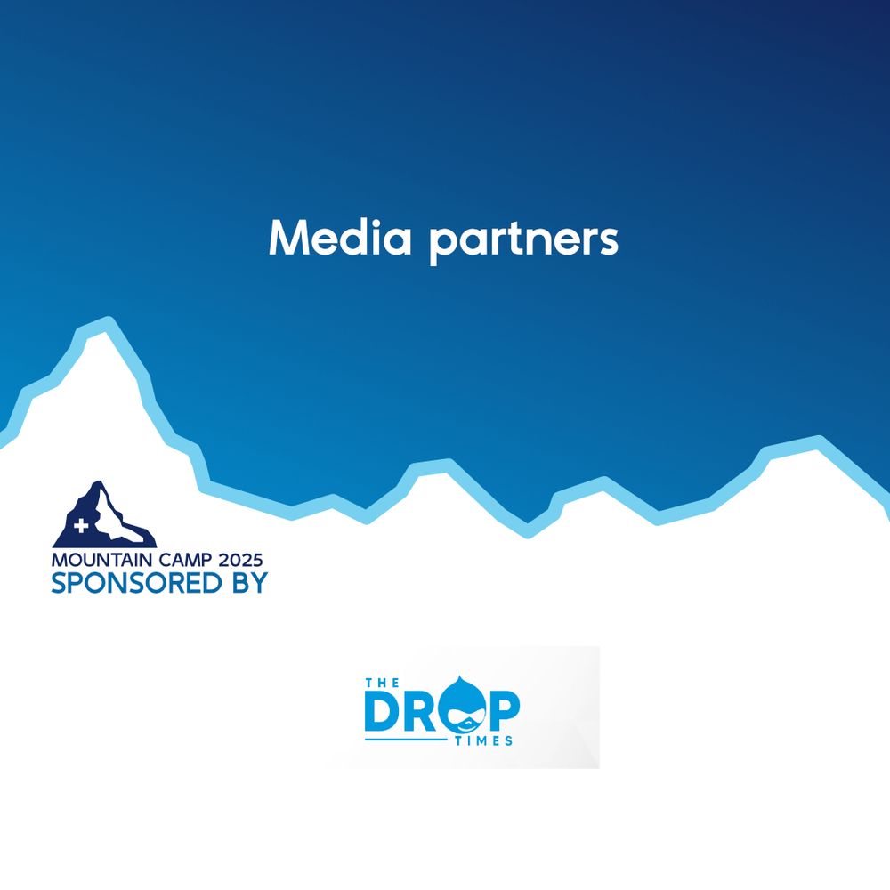 Blue gradient promotional graphic for Mountain Camp 2025 with the text ‘Media partners’ above a stylized mountain outline, the words ‘Sponsored by’ near a small Swiss mountain icon, and the The Drop Times logo at the bottom.
