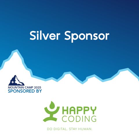 Blue gradient promotional graphic for Mountain Camp 2025 with the text ‘Silver Sponsor’ above a stylized mountain outline, the words ‘Sponsored by’ near a small Swiss mountain icon, and the Happy Coding logo at the bottom.