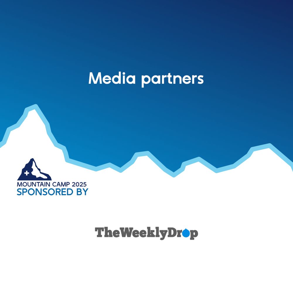 Blue gradient promotional graphic for Mountain Camp 2025 with the text ‘Media partners’ above a stylized mountain outline, the words ‘Sponsored by’ near a small Swiss mountain icon, and the The Weekly Drop logo at the bottom.