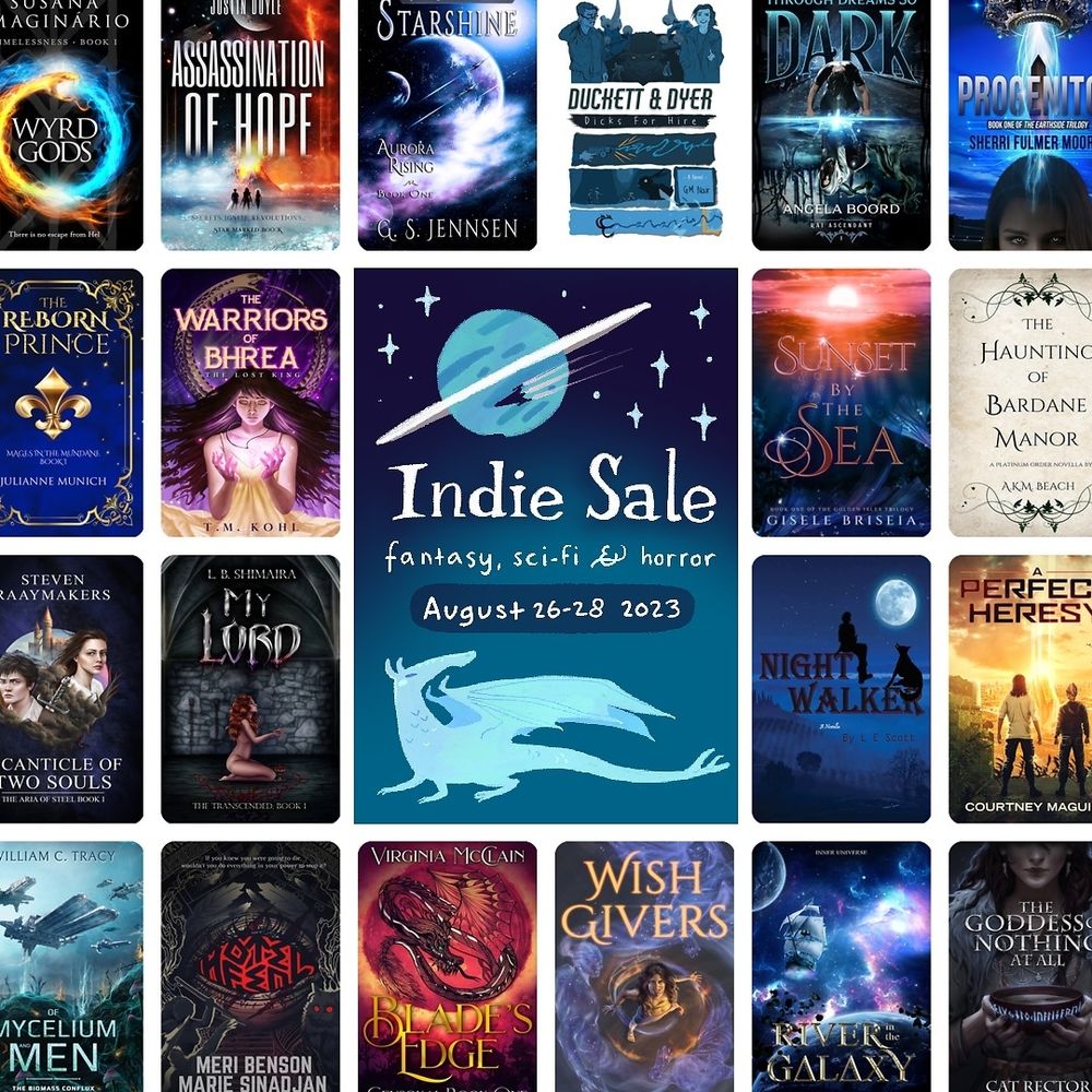 Indie sale August 26-28. Fantasy, sci-fi & horror. The background showcases various bookcovers.