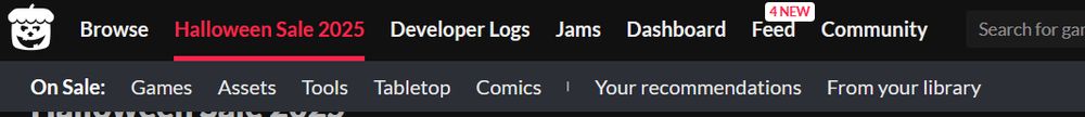 partial screenshot of the Itch website, showing the halloween Sale 2025 menu. It lists games, assets, tools, tabletop, and comics, but not books.