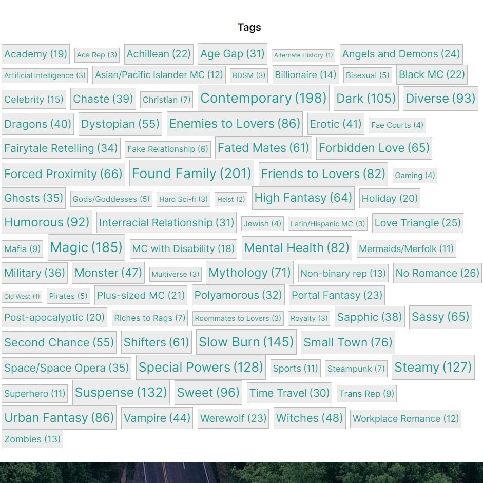 A screenshot of all the tags on the site and the number of books with that tag.
The tags are:
Academy(19) Ace Rep(3) Achillean(22) Age Gap(31) Alternate History(1) Angels and Demons(24) Artificial Intelligence(3) Asian/Pacific Islander MC(12) BDSM(3) Billionaire(14) Bisexual(5) Black MC(22) Celebrity(15) Chaste(39) Christian(7) Contemporary(198) Dark(105) Diverse(93) Dragons(40) Dystopian(55) Enemies to Lovers(86) Erotic(41) Fae Courts(4) Fairytale Retelling(34) Fake Relationship(6) Fated Mates(61) Forbidden Love(65) Forced Proximity(66) Found Family(201) Friends to Lovers(82) Gaming(4) Ghosts(35) Gods/Goddesses(5) Hard Sci-fi(3) Heist(2) High Fantasy(64) Holiday(20) Humorous(92) Interracial Relationship(31) Jewish(4) Latin/Hispanic MC(3) Love Triangle(25) Mafia(9) Magic(185) MC with Disability(18) Mental Health(82) Mermaids/Merfolk(11) Military(36) Monster(47) Multiverse(3) Mythology(71) Non-binary rep(13) No Romance(26) Old West(1) Pirates(5) Plus-sized MC(21) Polyamorous(32) Portal