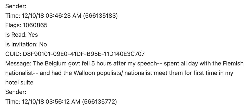 Epstein doc screenshot from anonymized December 10, 2018 email; the upshot is that the sender "spent all day with the Flemish nationalist [and] had the Walloon populists/nationalist [sic] meet them for [the] first time in [their] hotel suite" – presumably referring to Vlaams Belang and Walloon Rally, respectively