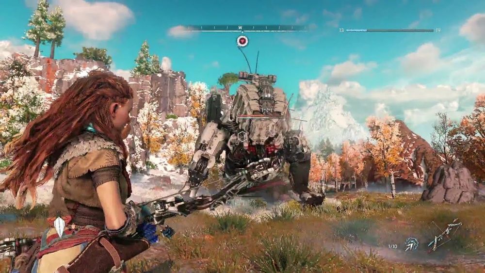 Gameplay of Horizon Zero Dawn with Aloy in a clearing holding a bow looking at a large robot