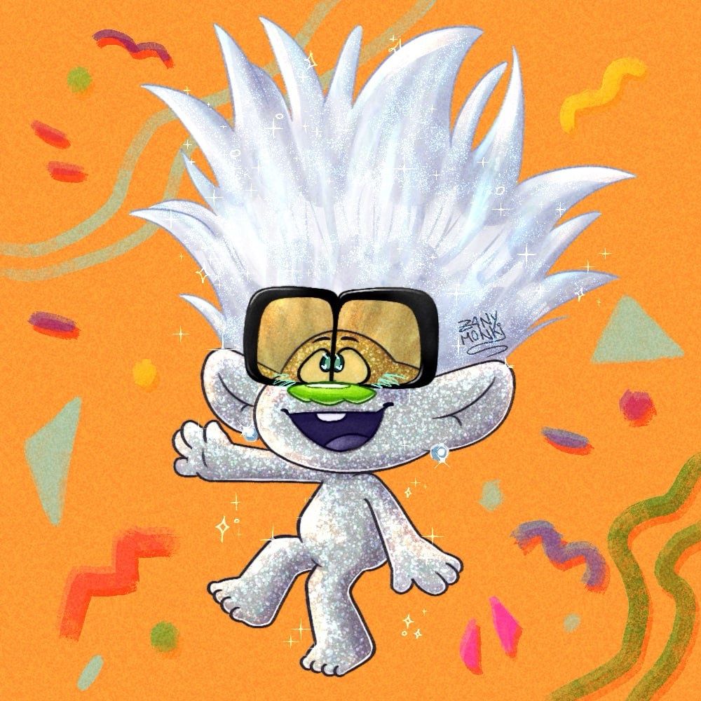 Digital illustration of Tiny diamond from Trolls. He smiles looking up and with his hand raised up, sitting in the air. The background is simple, orange with some elements/abstract colored shapes in the 80s style
