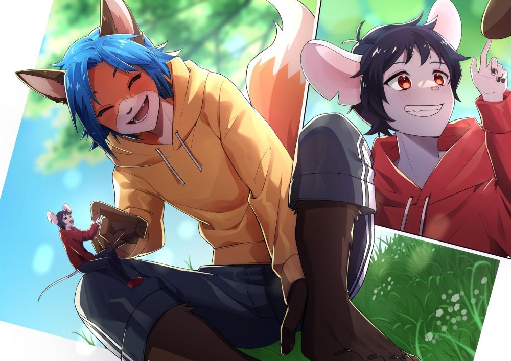 An innocently happy picture of a fox with his mouse husband on his knee.